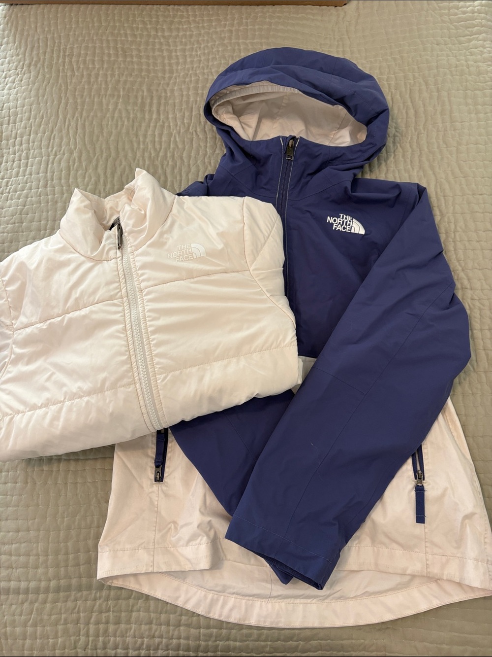 The North Face Kids 3-in-1 Periwinkle Hooded Shell with Off-White Puffer Vest